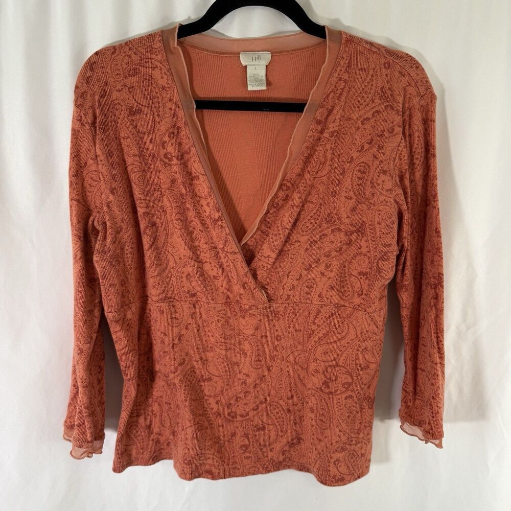 J Jill Blouse Women's Large Orange 3/4 Sleeve Paisley Print Vneck Cotton